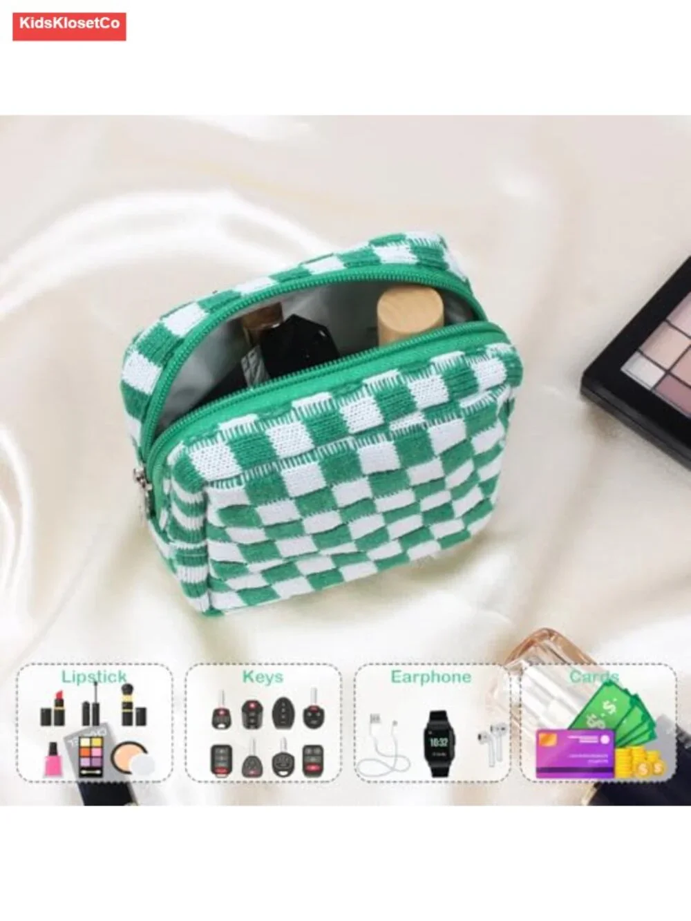 Mini Quilted Canvas Makeup Bag with Zipper, Cute Checkered Cosmetic Pouch for